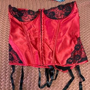 Red Lace-Trim Satin Corset Bustier with Garter Straps